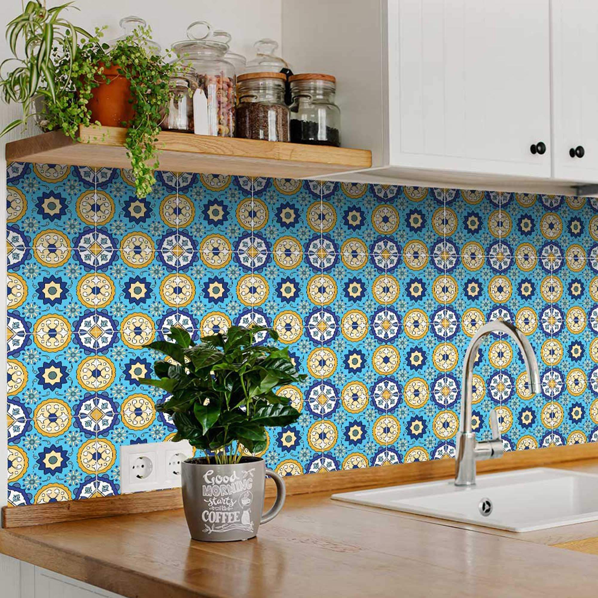 8" X 8" Aqua Floral Peel and Stick Removable  Tiles - Image 5