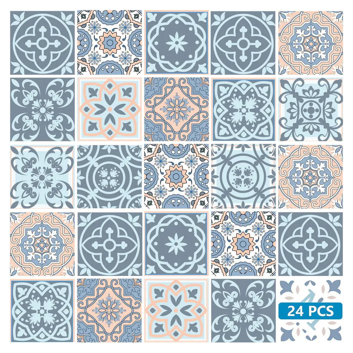 8" X 8" Baby Blue And Peach Mosaic Peel And Stick Removable Tiles - Image 2