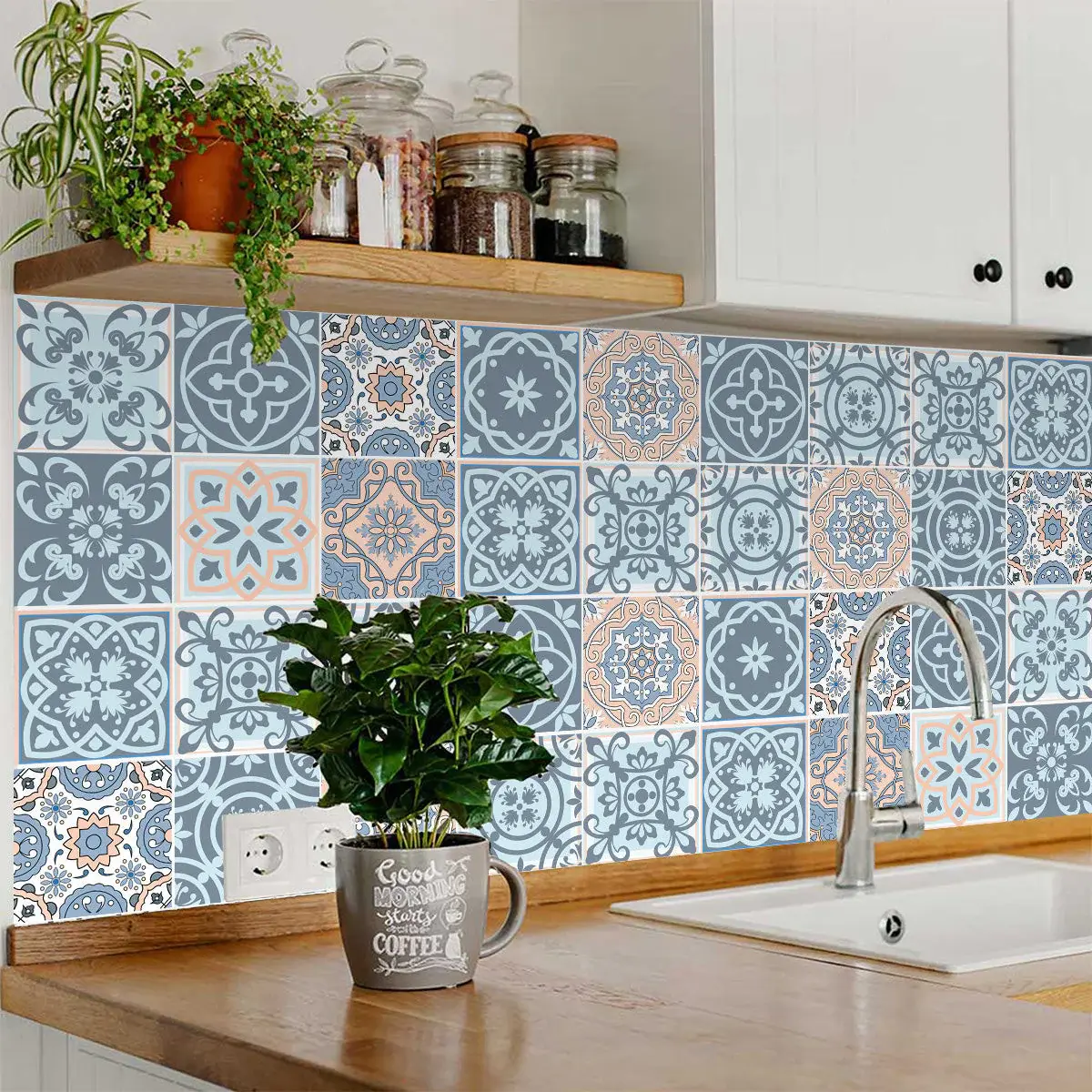 8" X 8" Baby Blue And Peach Mosaic Peel And Stick Removable Tiles - Image 8