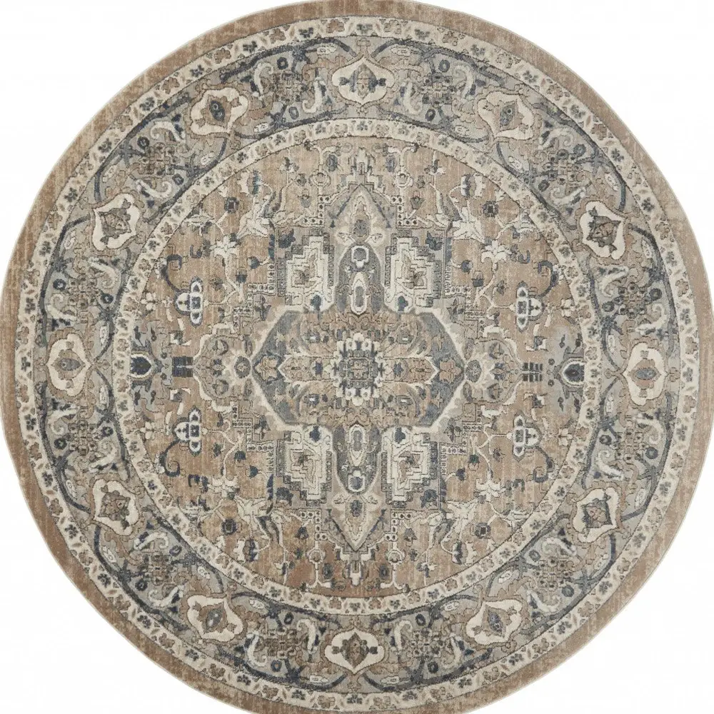 8' X 8' Beige And Grey Round Oriental Power Loom Non Skid Area Rug - Image 2
