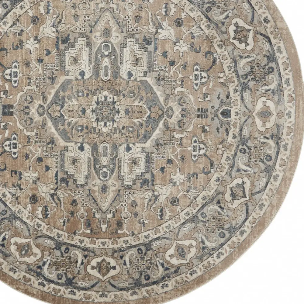 8' X 8' Beige And Grey Round Oriental Power Loom Non Skid Area Rug - Image 3