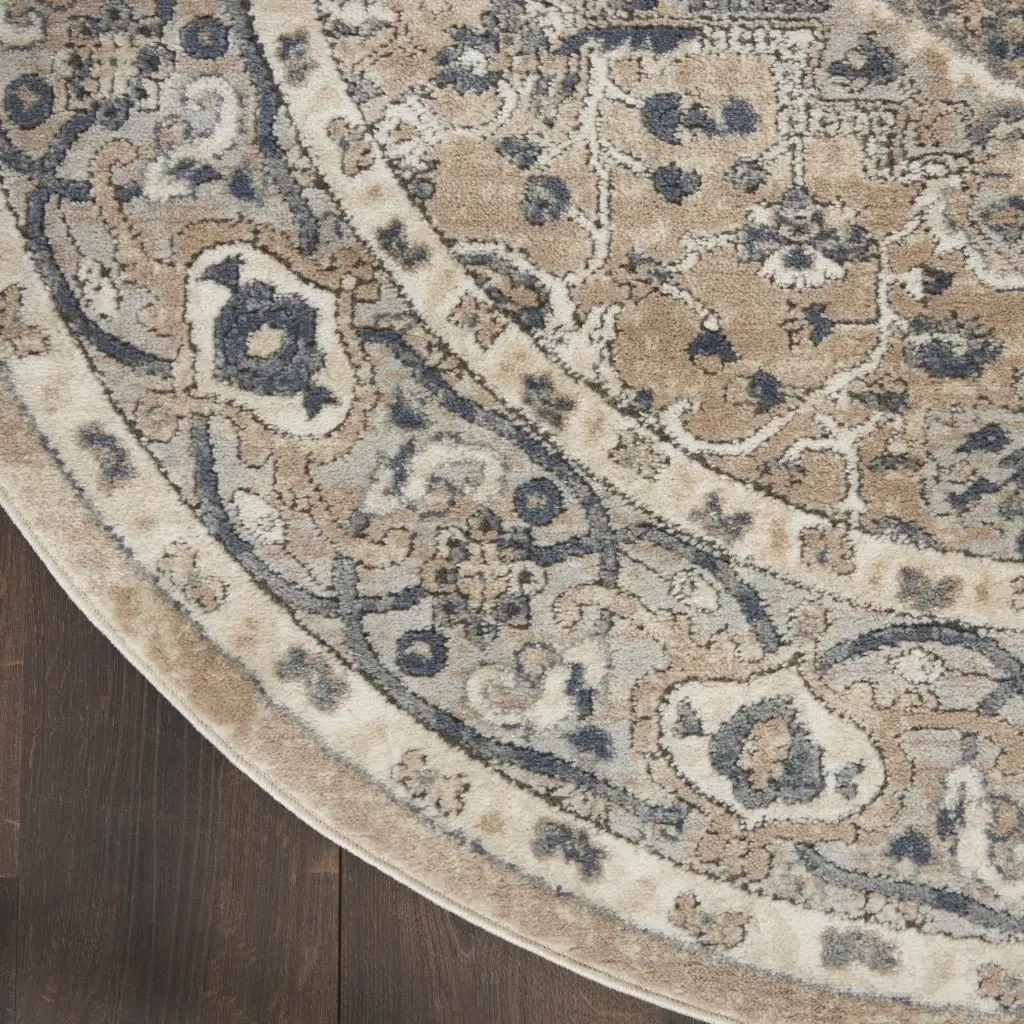 8' X 8' Beige And Grey Round Oriental Power Loom Non Skid Area Rug - Image 4