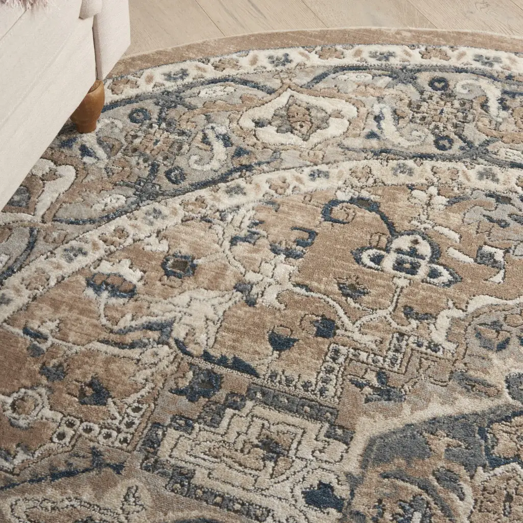8' X 8' Beige And Grey Round Oriental Power Loom Non Skid Area Rug - Image 5