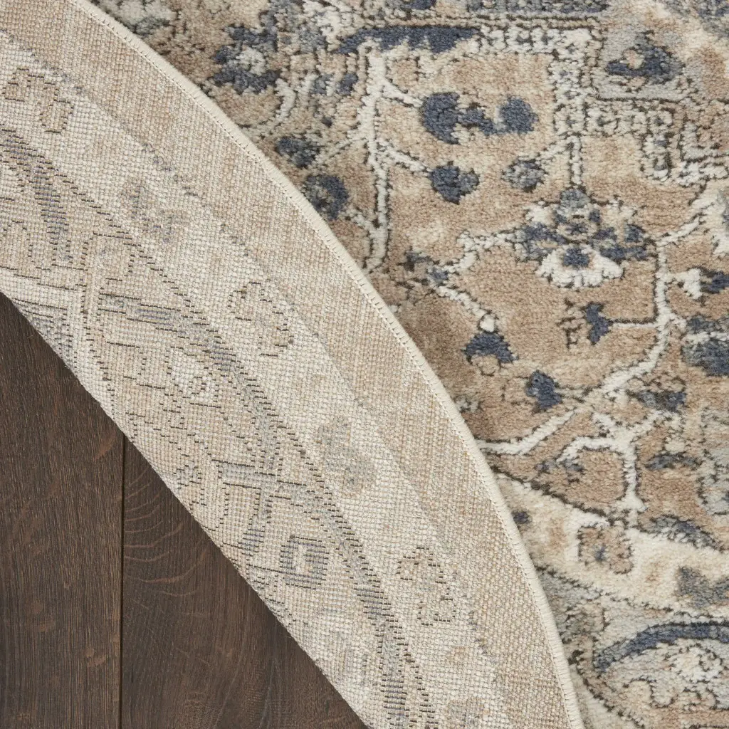 8' X 8' Beige And Grey Round Oriental Power Loom Non Skid Area Rug - Image 7