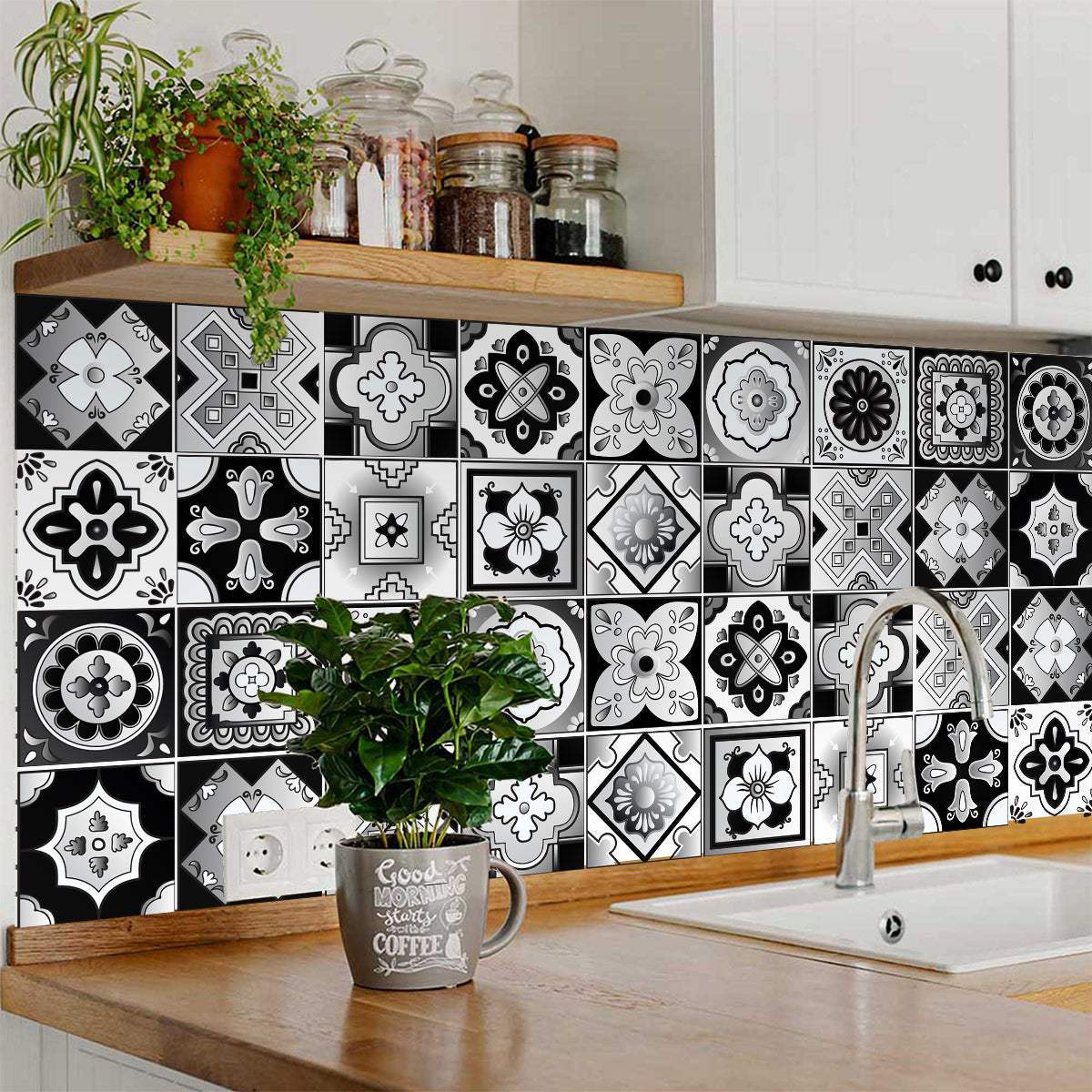 8" X 8" Black White And Gray Mosaic Peel And Stick Removable Tiles - Image 5
