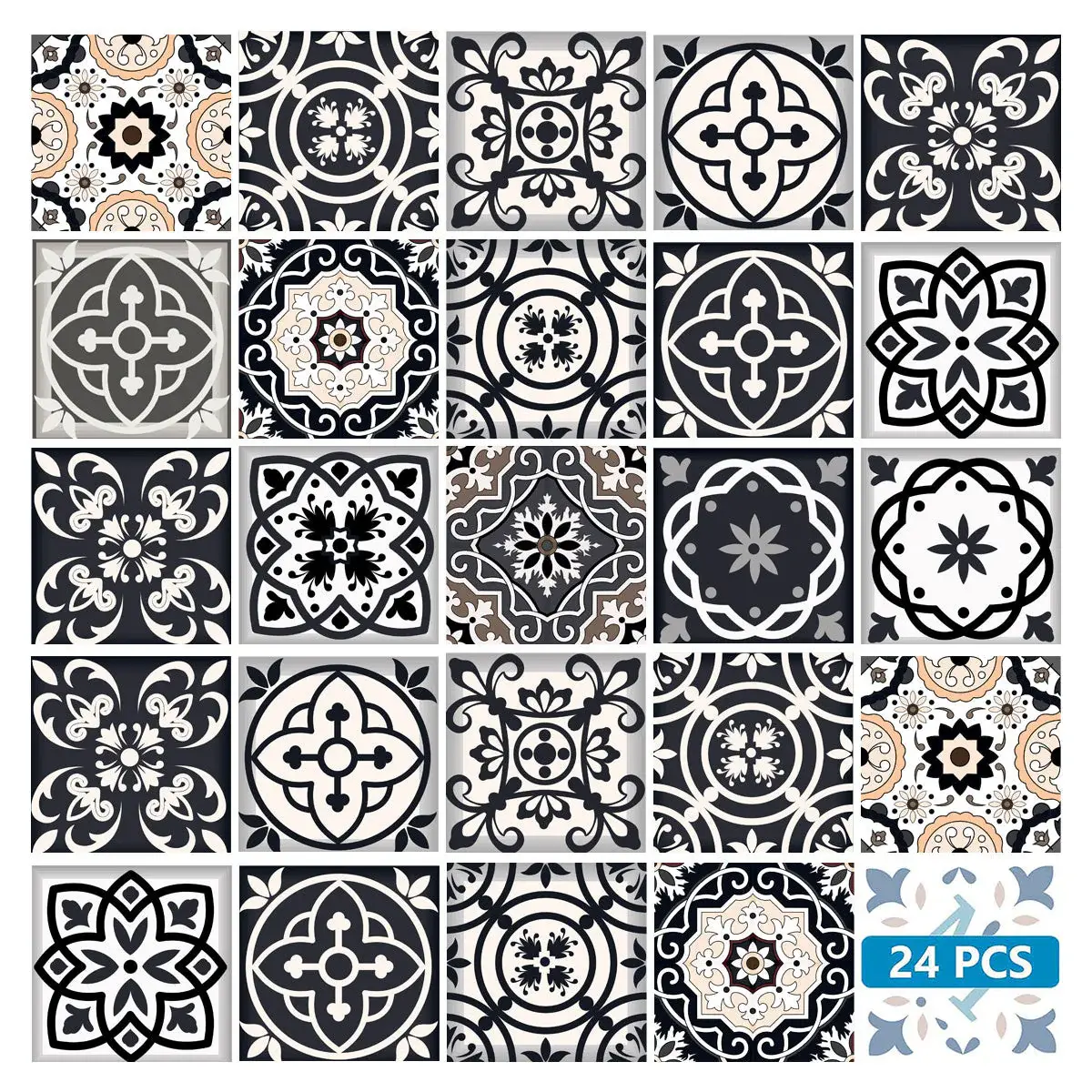 8" X 8" Black White And Tan Peel And Stick Removable Tiles - Image 2