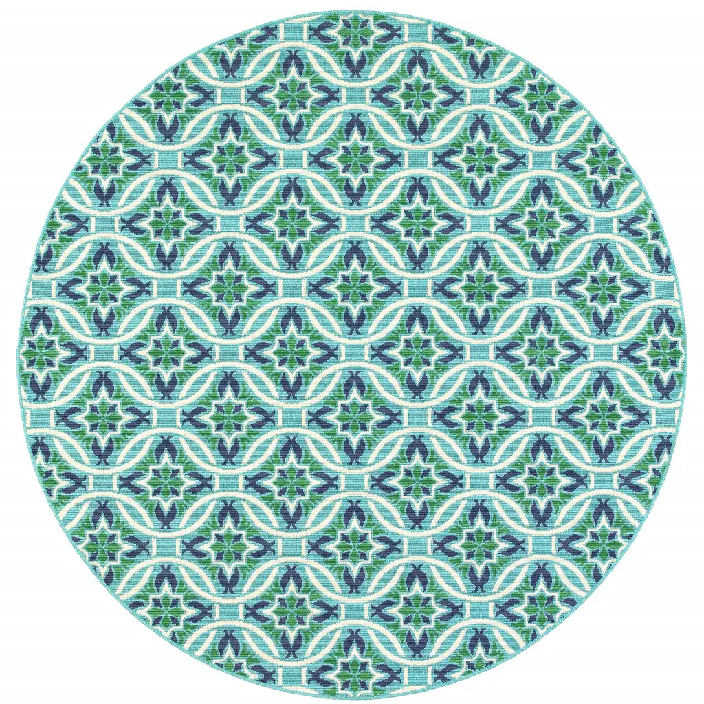 8' X 8' Blue and Green Round Geometric Stain Resistant Indoor Outdoor Area Rug