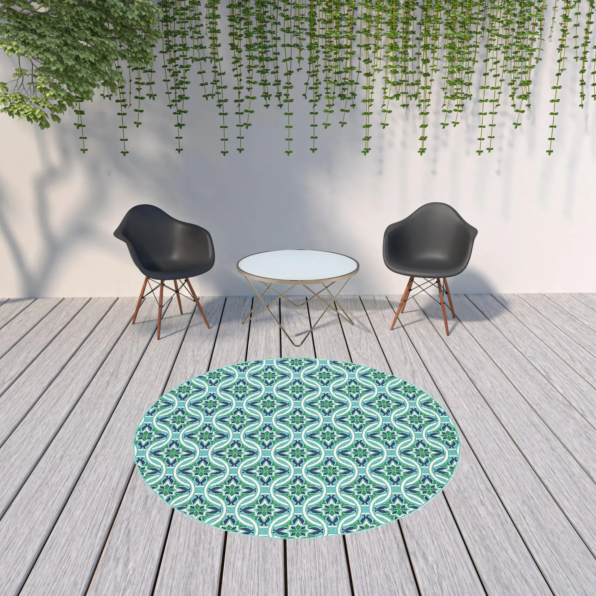8' X 8' Blue and Green Round Geometric Stain Resistant Indoor Outdoor Area Rug - Image 2