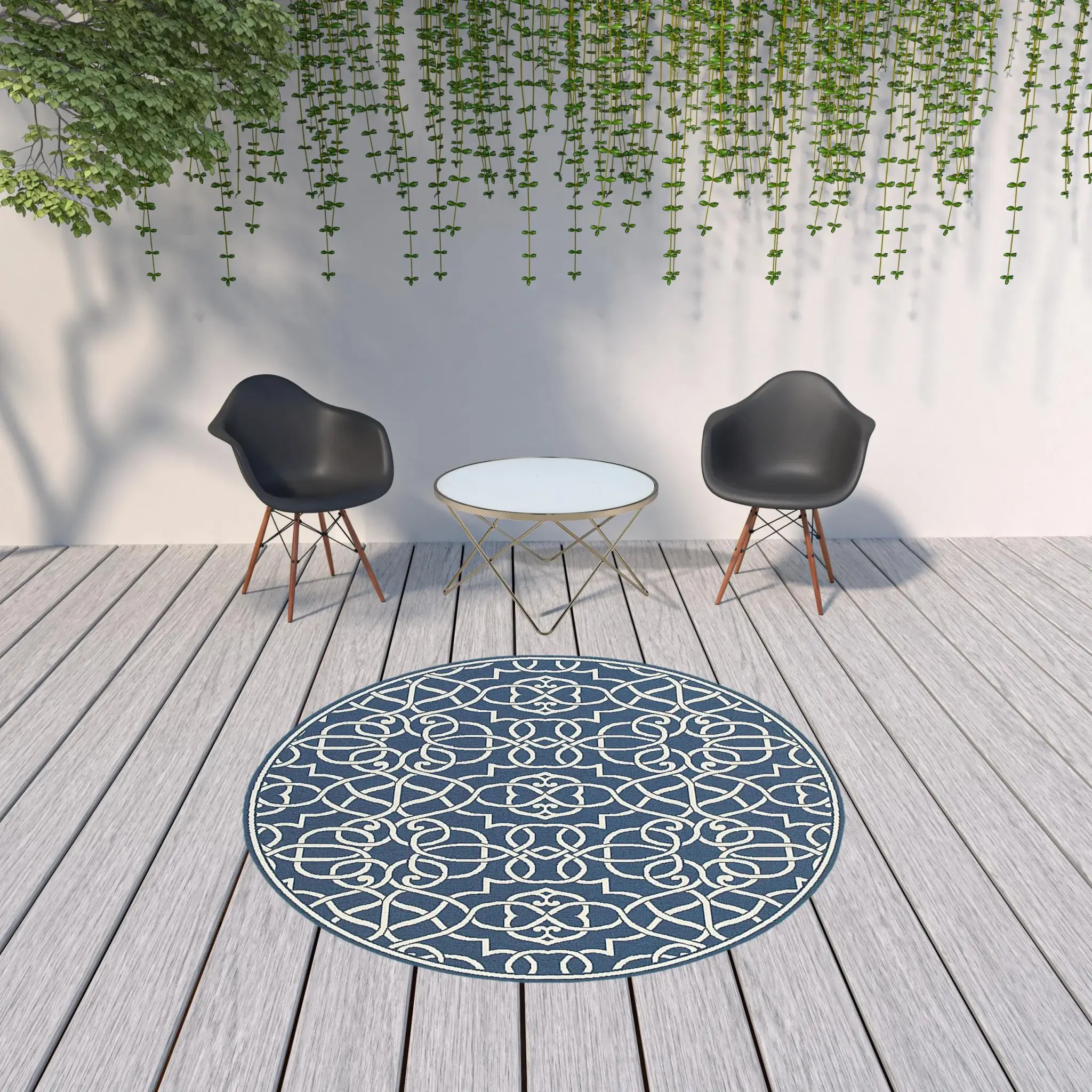 8' X 8' Blue and Ivory Round Geometric Stain Resistant Indoor Outdoor Area Rug - Image 2