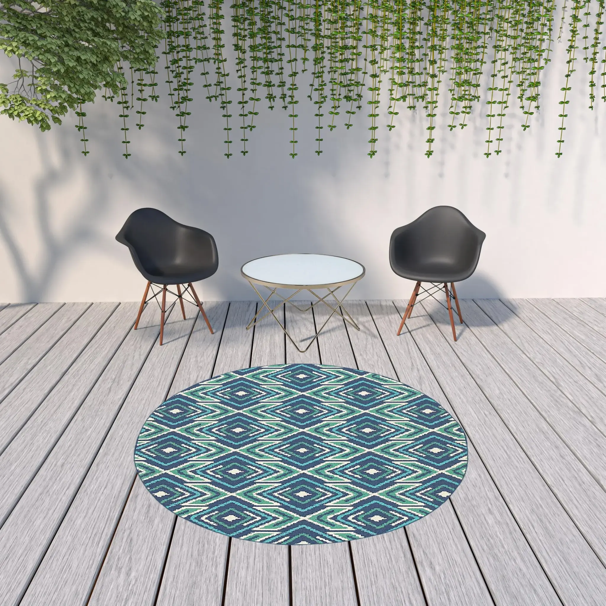 8' X 8' Blue and Ivory Round Geometric Stain Resistant Indoor Outdoor Area Rug - Image 2