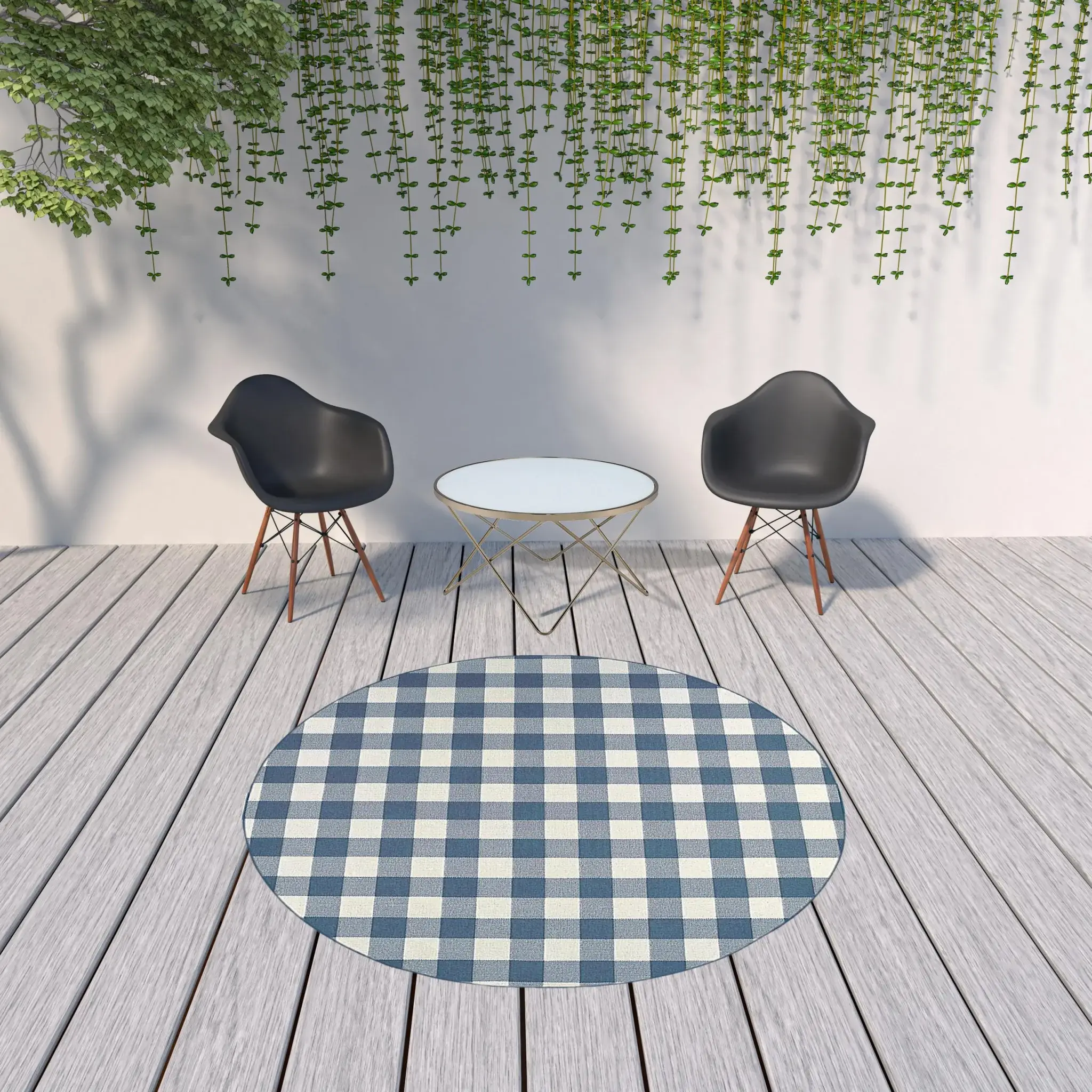 8' X 8' Blue and Ivory Round Geometric Stain Resistant Indoor Outdoor Area Rug - Image 2