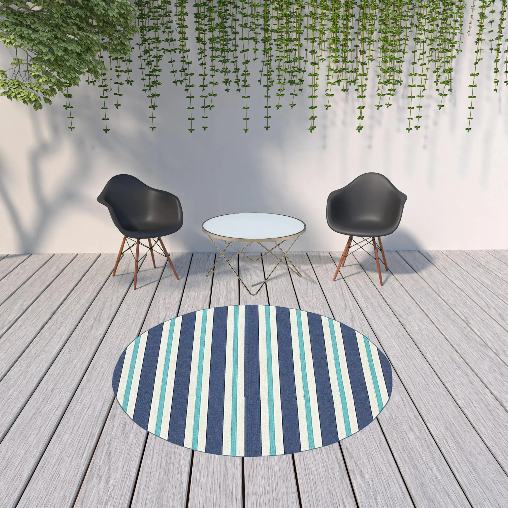 8' X 8' Blue and Ivory Round Geometric Stain Resistant Indoor Outdoor Area Rug - Image 2