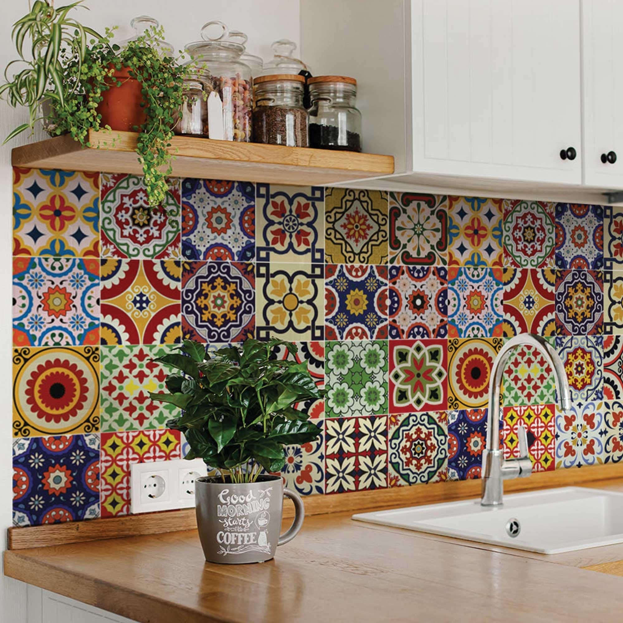 8" X 8" Blue Red Yellow Mosaic Peel And Stick Tiles - Image 5