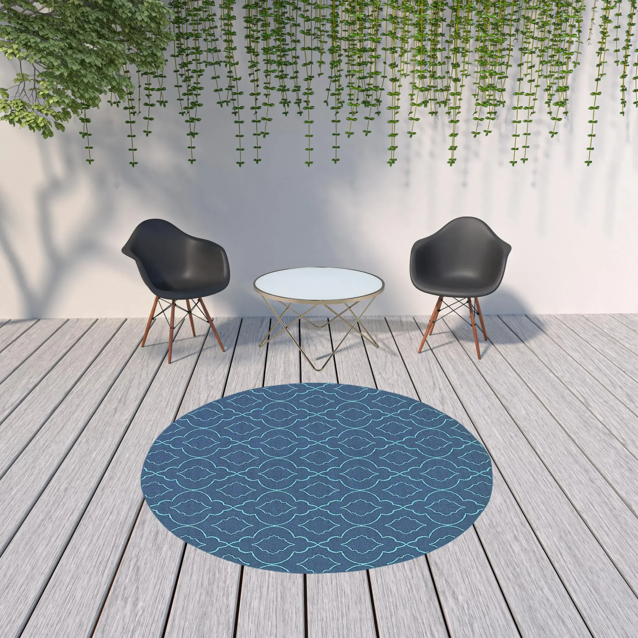 8' X 8' Blue Round Geometric Stain Resistant Indoor Outdoor Area Rug - Image 2
