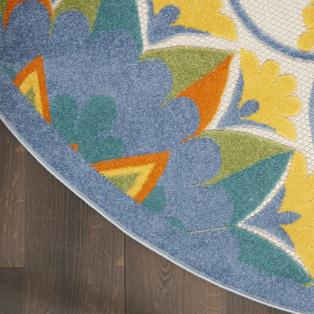 8' X 8' Blue Yellow And White Round Toile Non Skid Indoor Outdoor Area Rug - Image 3