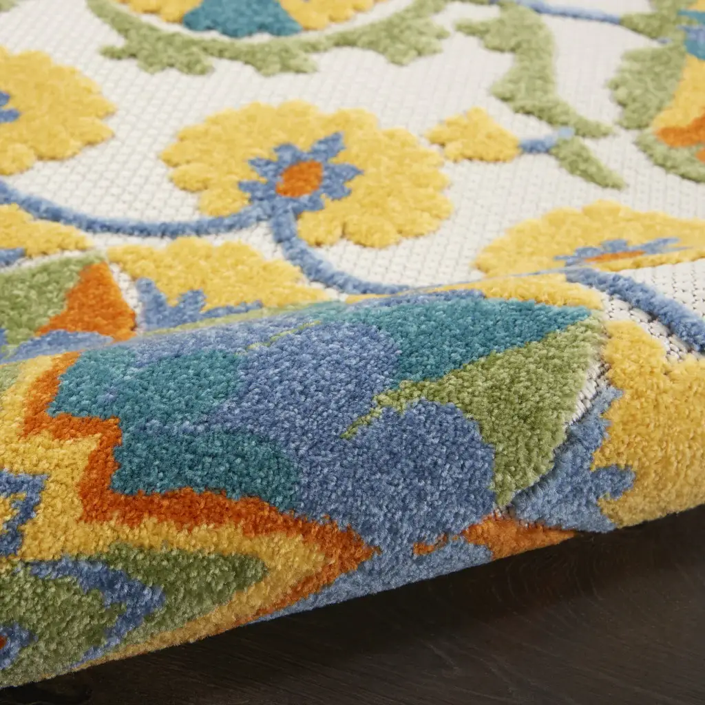 8' X 8' Blue Yellow And White Round Toile Non Skid Indoor Outdoor Area Rug - Image 5
