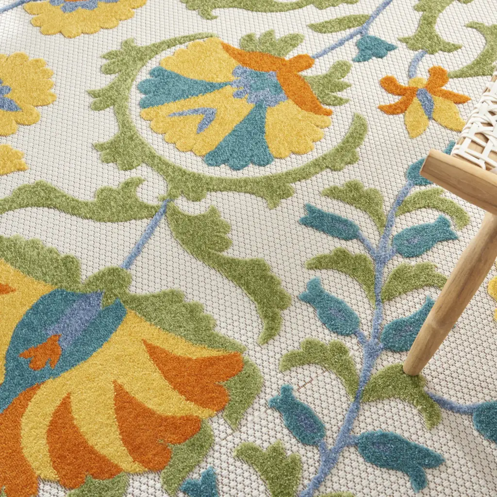 8' X 8' Blue Yellow And White Round Toile Non Skid Indoor Outdoor Area Rug - Image 6