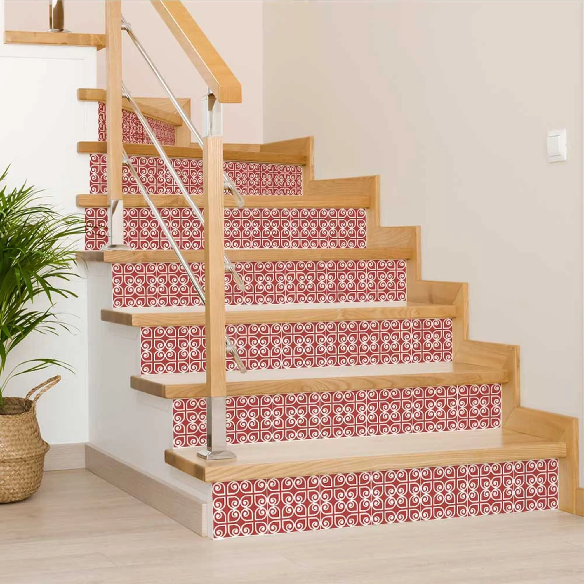 8" x 8" Brick Red And White Scroll Peel and Stick Removable Tiles - Image 4