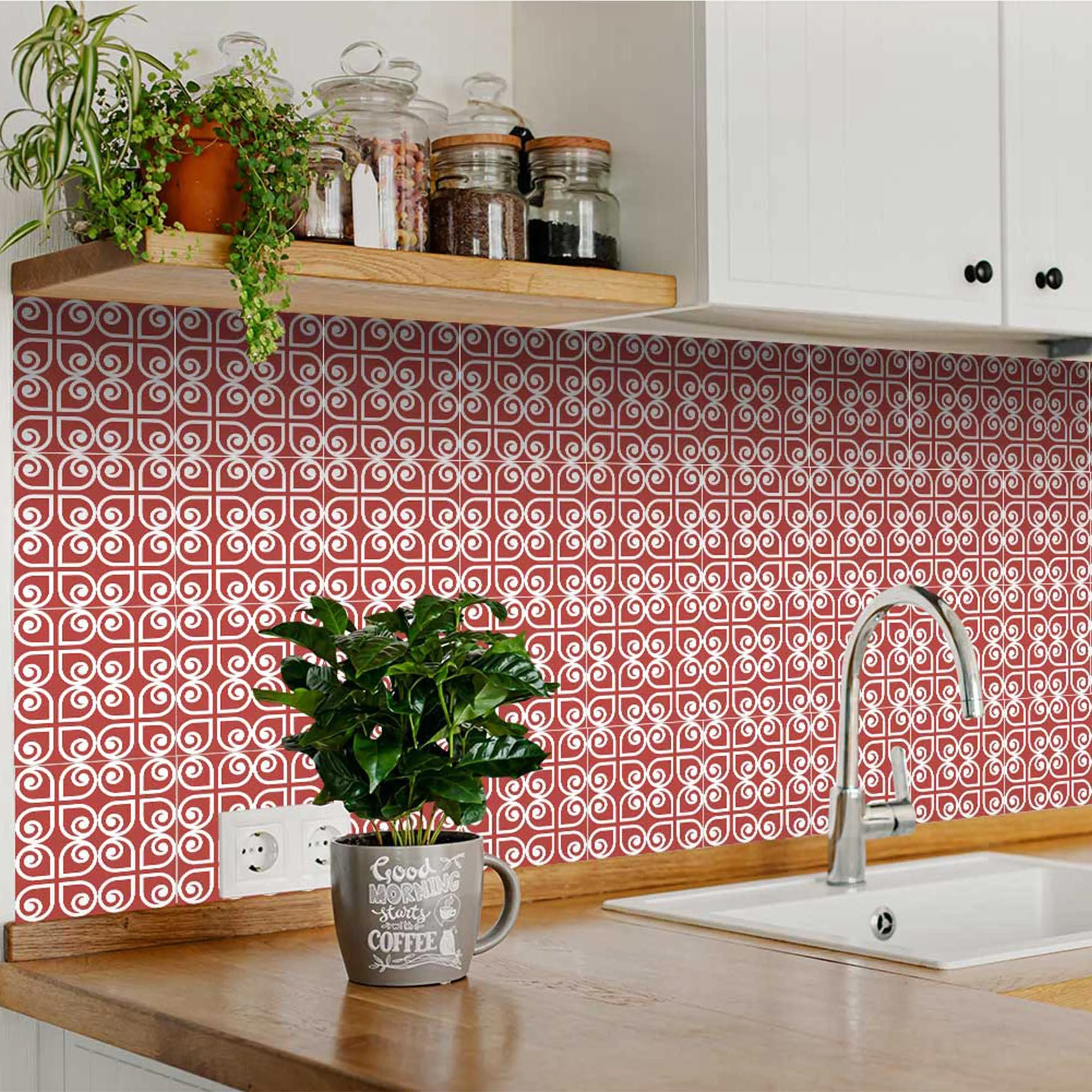 8" x 8" Brick Red And White Scroll Peel and Stick Removable Tiles - Image 5