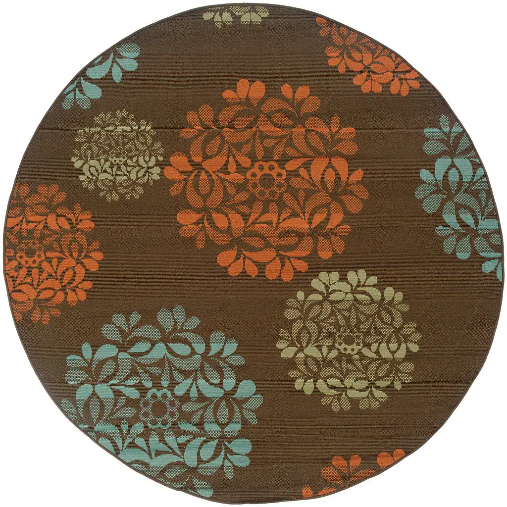 8' X 8' Brown Round Floral Stain Resistant Indoor Outdoor Area Rug - Image 2