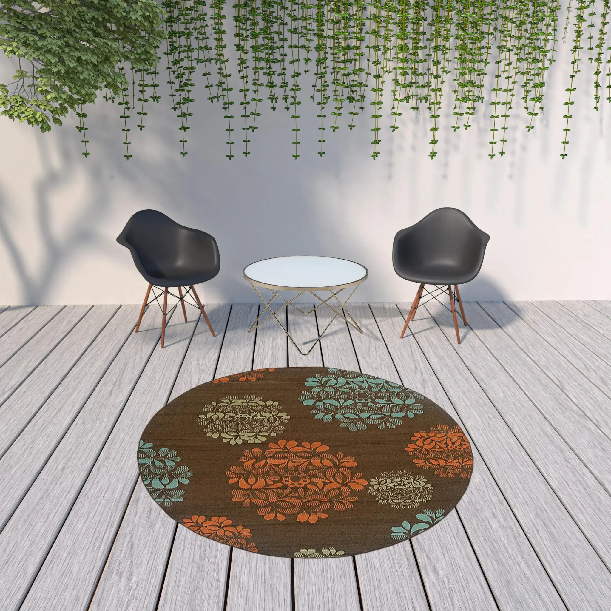 8' X 8' Brown Round Floral Stain Resistant Indoor Outdoor Area Rug - Image 3