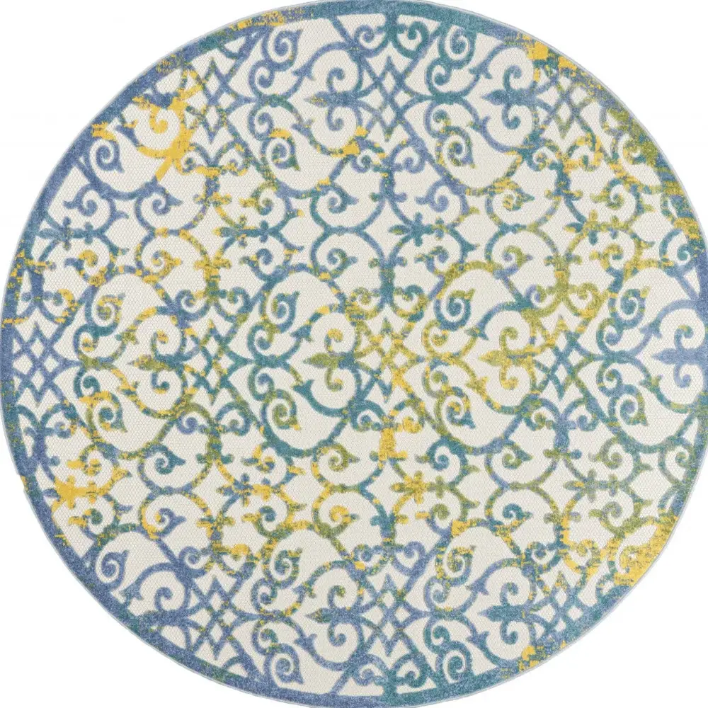 8' X 8' Ivory And Blue Round Damask Non Skid Indoor Outdoor Area Rug - Image 2
