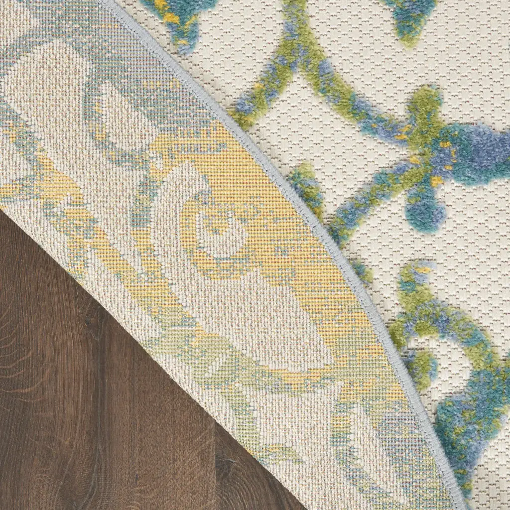 8' X 8' Ivory And Blue Round Damask Non Skid Indoor Outdoor Area Rug - Image 5