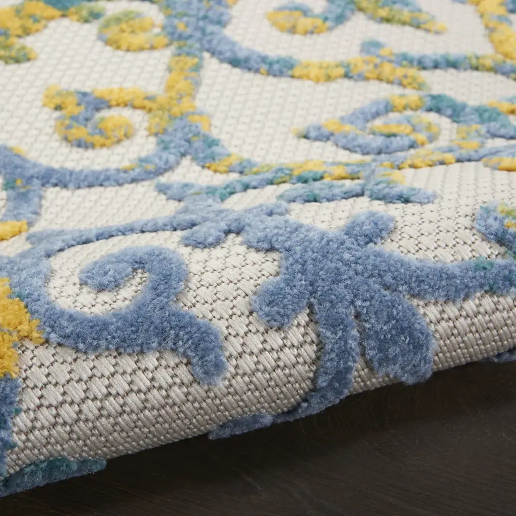 8' X 8' Ivory And Blue Round Damask Non Skid Indoor Outdoor Area Rug - Image 6