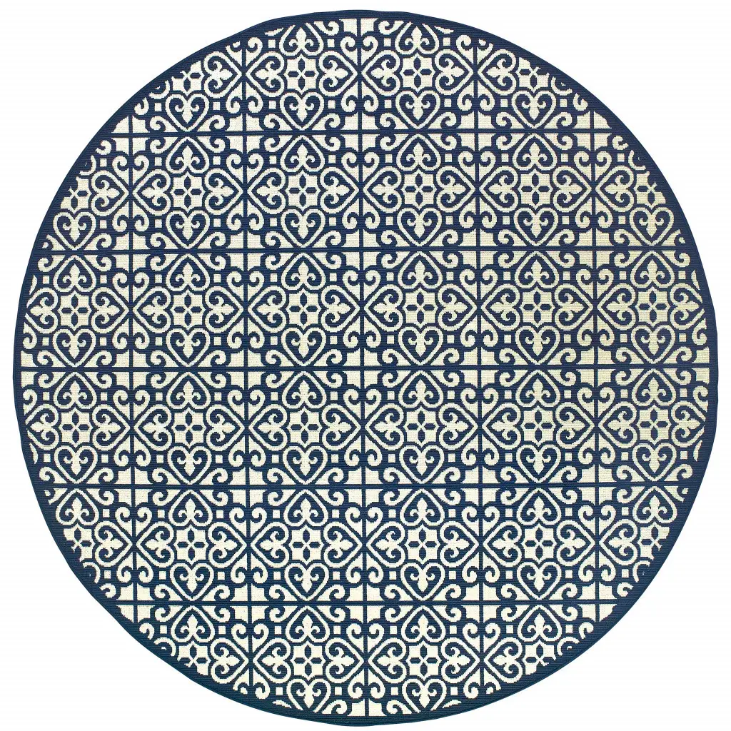 8' X 8' Ivory and Blue Round Geometric Stain Resistant Indoor Outdoor Area Rug - Image 2