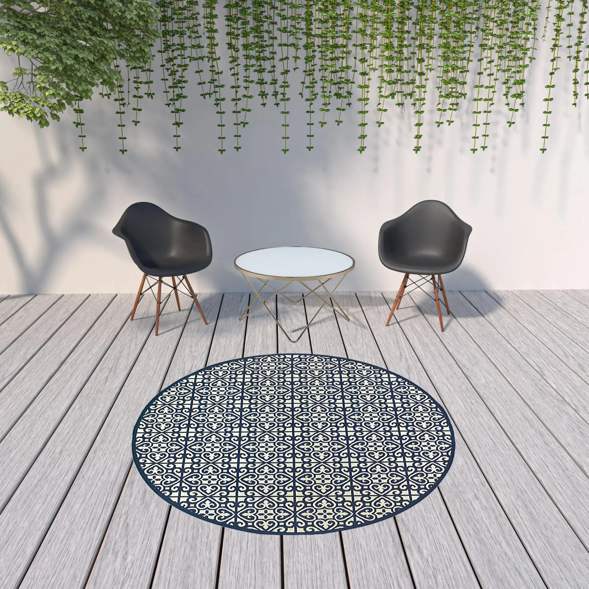 8' X 8' Ivory and Blue Round Geometric Stain Resistant Indoor Outdoor Area Rug - Image 3