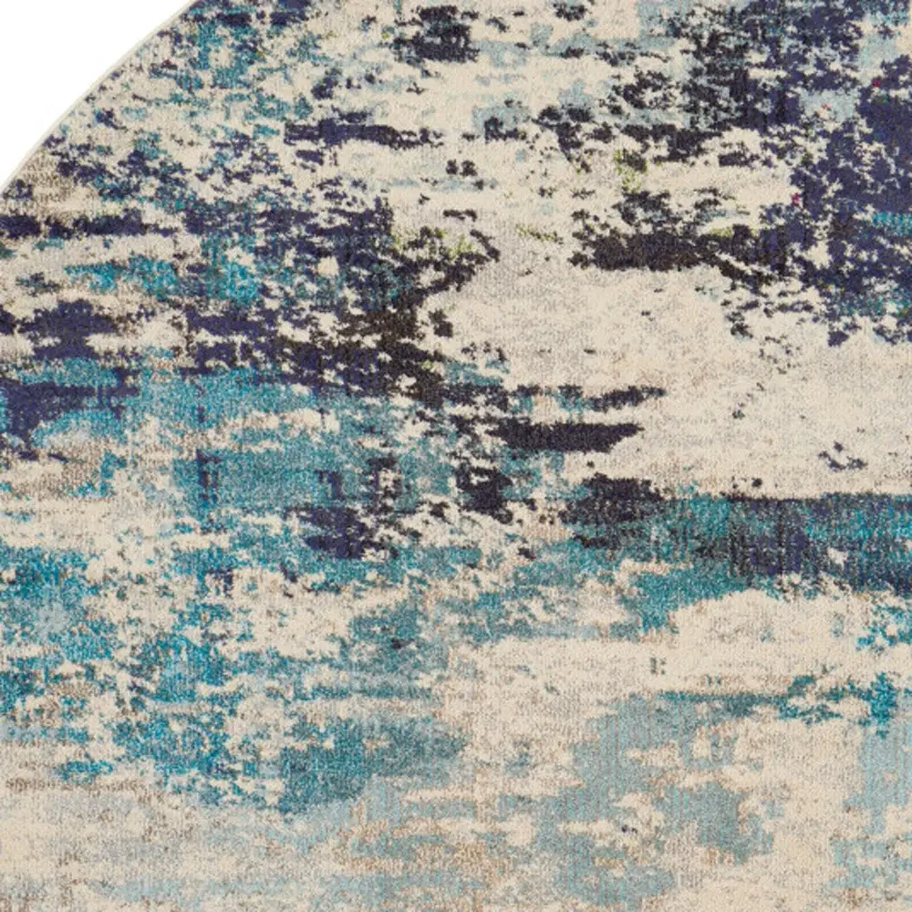 8' X 8' Ivory And Teal Blue Round Abstract Power Loom Non Skid Area Rug - Image 3