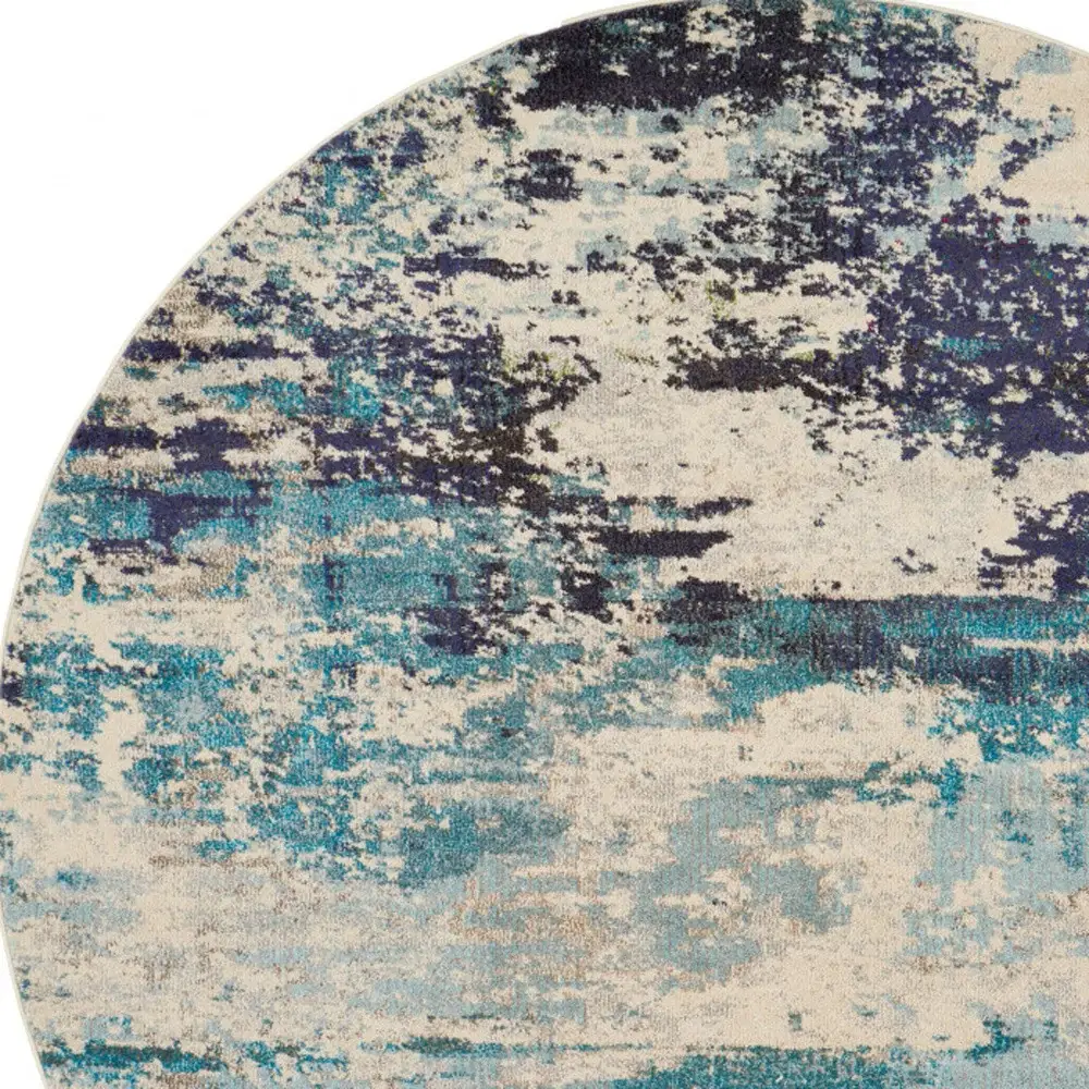 8' X 8' Ivory And Teal Blue Round Abstract Power Loom Non Skid Area Rug - Image 4