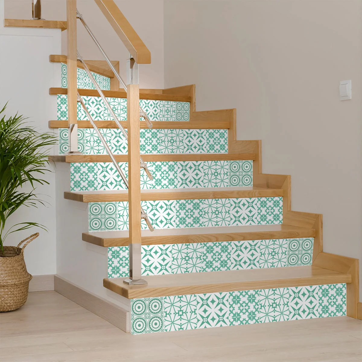8" x 8" Light Green And White Geo Peel and Stick Removable Tiles - Image 4