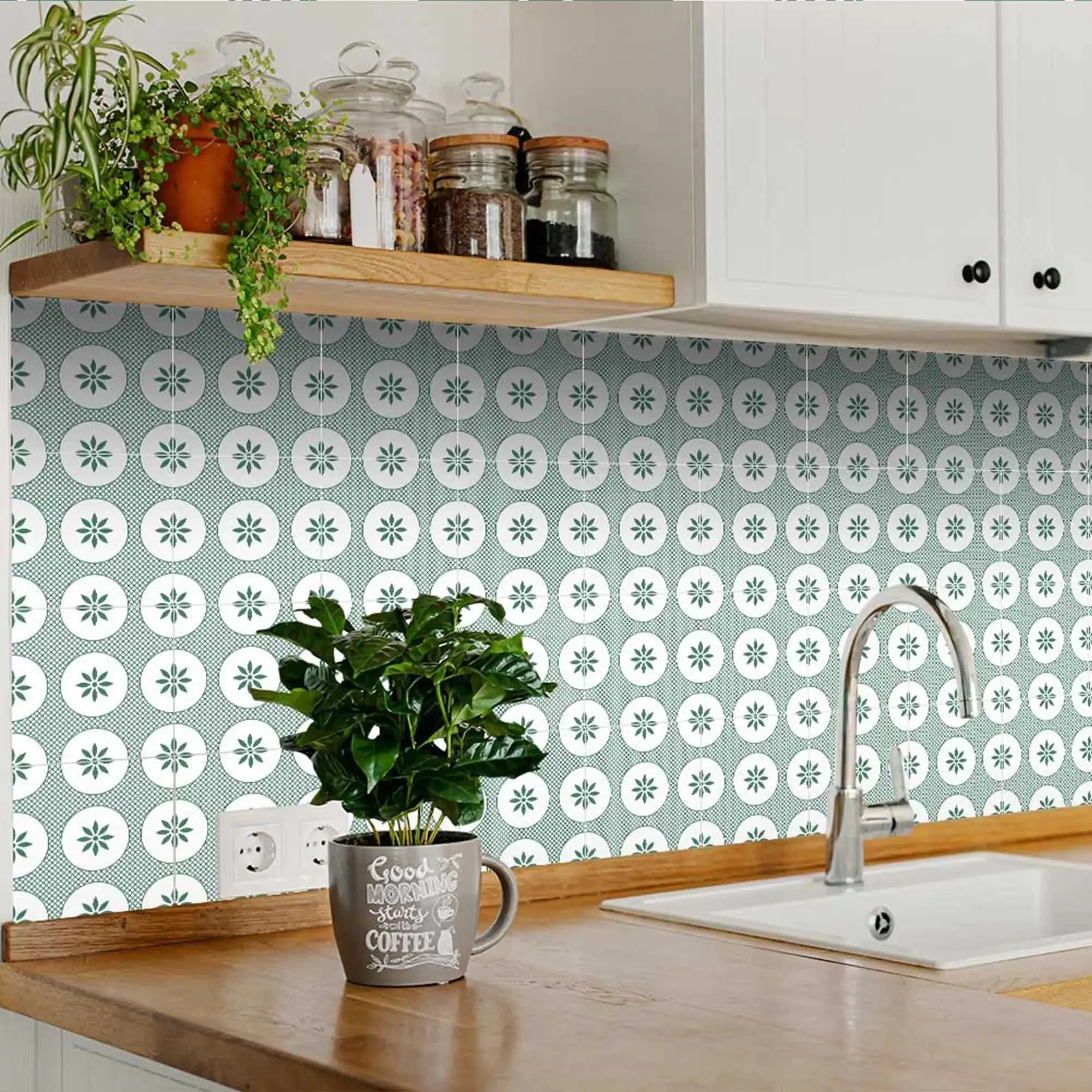 8" x 8" Light Sage And White Circle Flower Peel and Stick Removable Tiles - Image 5