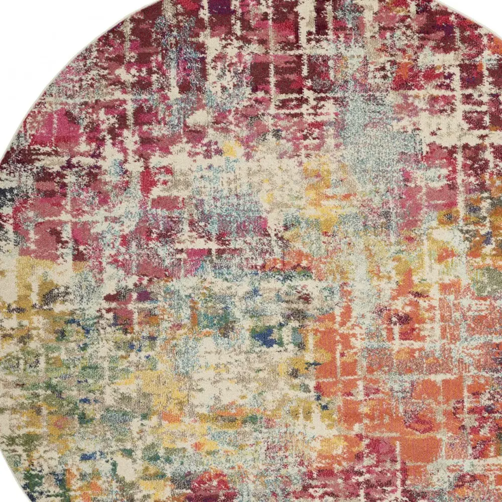 8' X 8' Pink Round Abstract Power Loom Distressed Non Skid Area Rug - Image 3