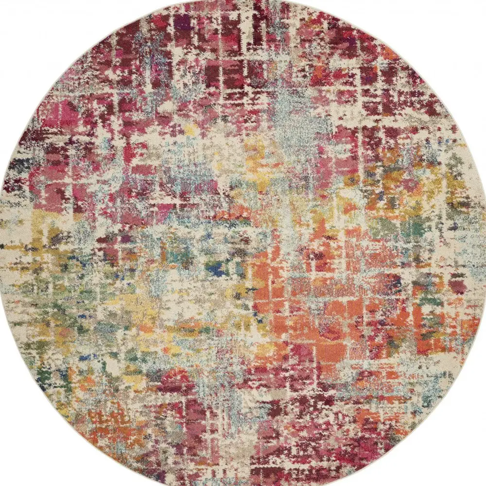 8' X 8' Pink Round Abstract Power Loom Distressed Non Skid Area Rug - Image 4