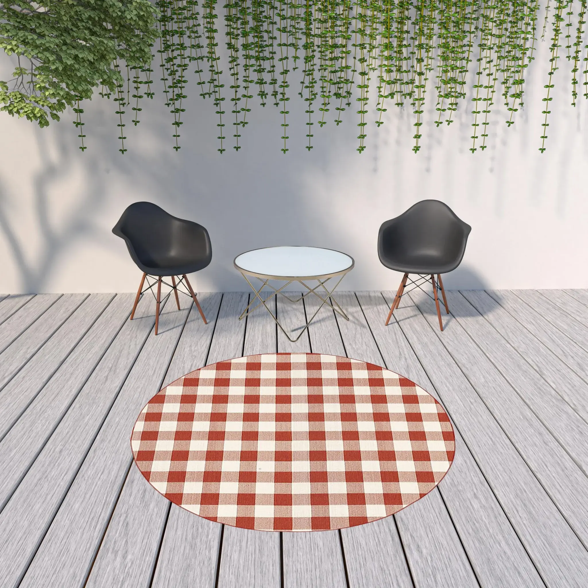 8' X 8' Red and Ivory Round Geometric Stain Resistant Indoor Outdoor Area Rug - Image 2