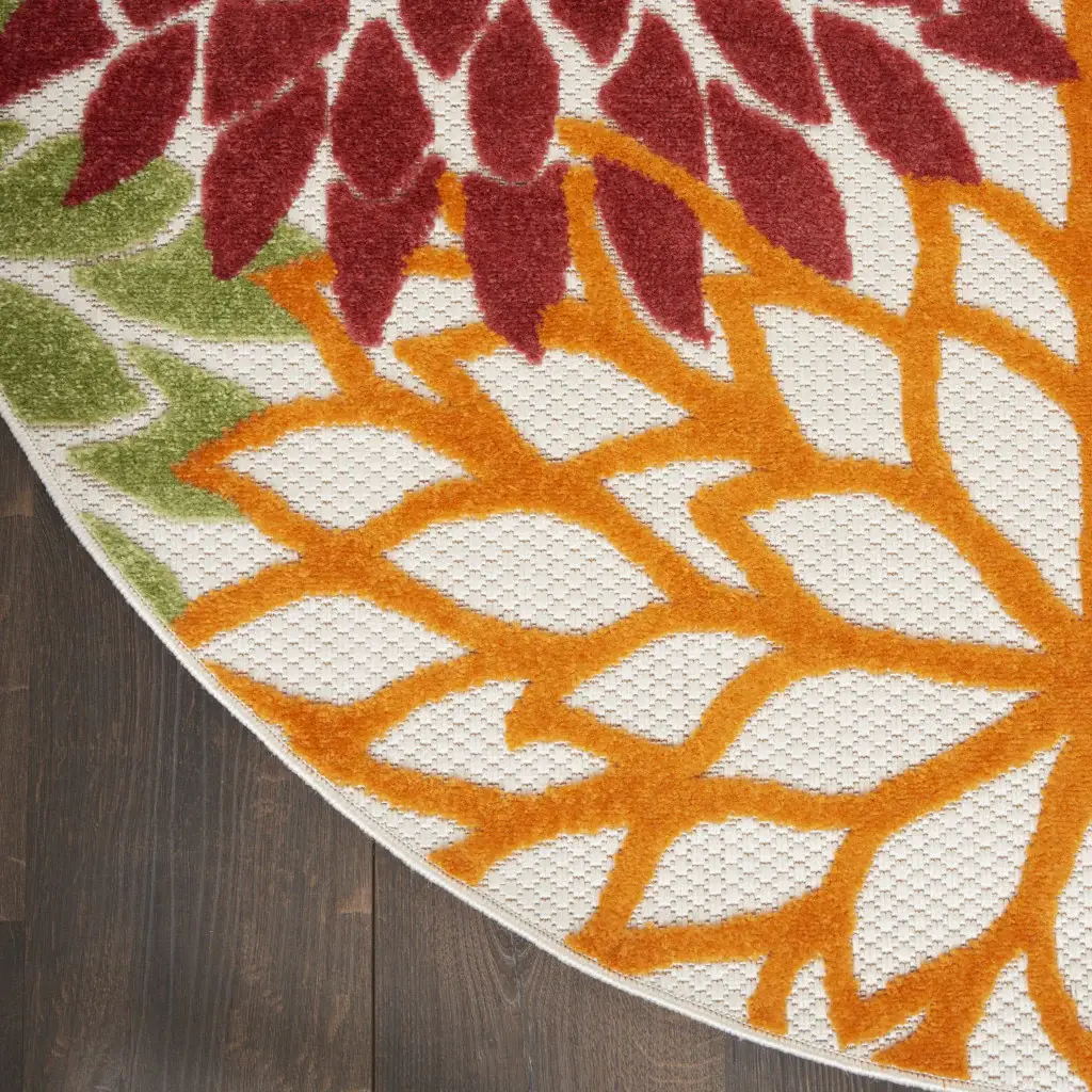8' X 8' Red Round Floral Non Skid Indoor Outdoor Area Rug - Image 8