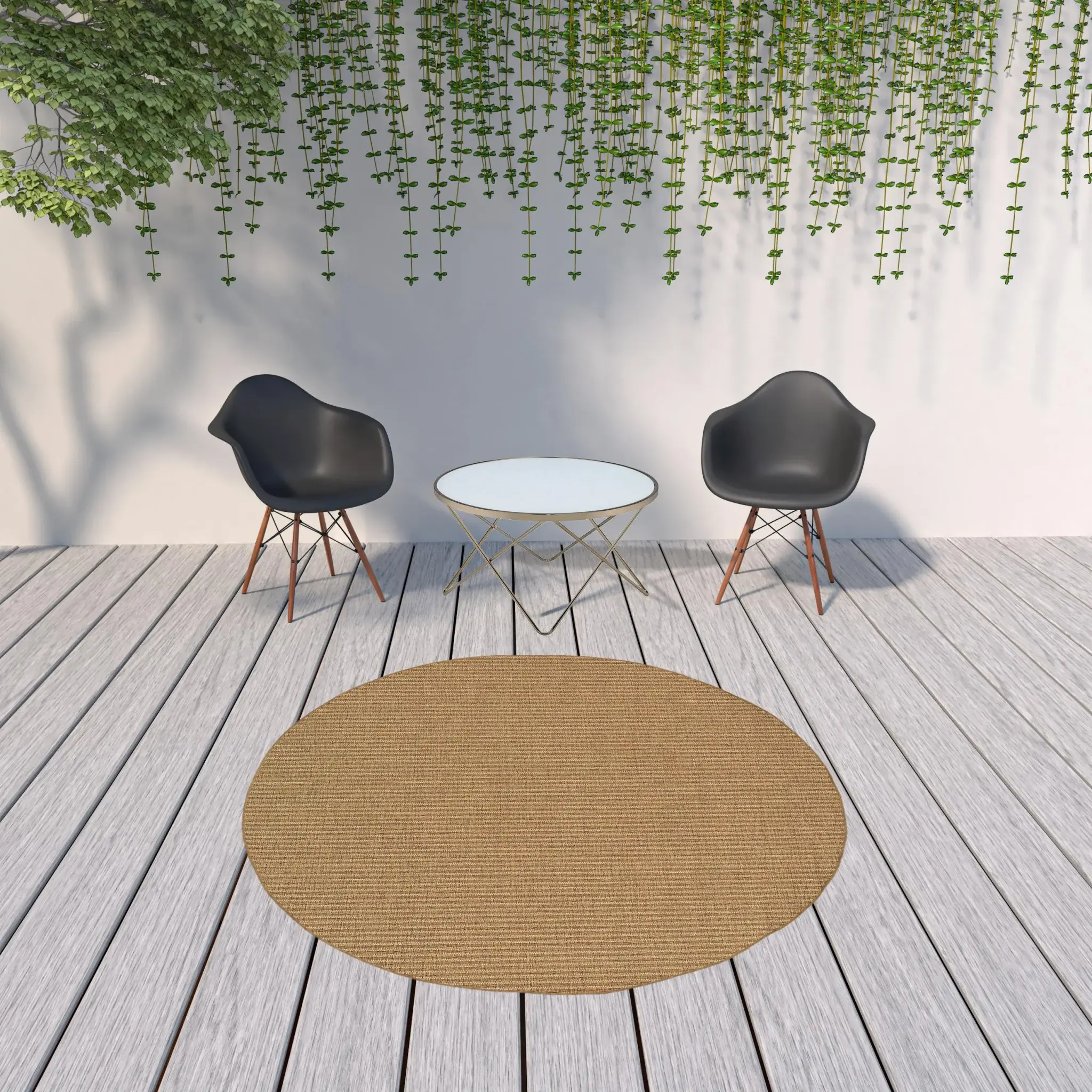 8' X 8' Tan Round Striped Stain Resistant Indoor Outdoor Area Rug - Image 3