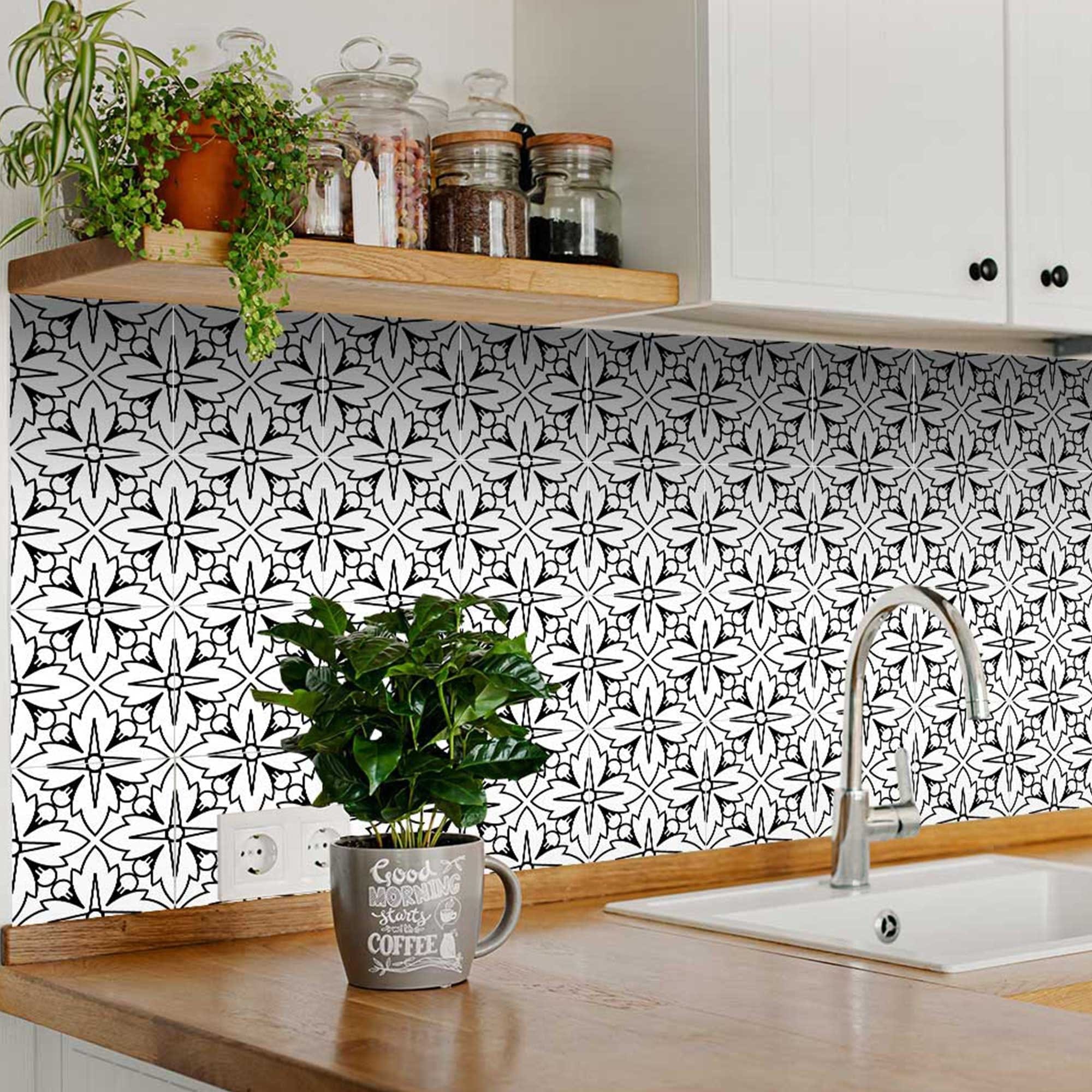 8" X 8" White and Black Cross Peel and Stick Removable Tiles - Image 4
