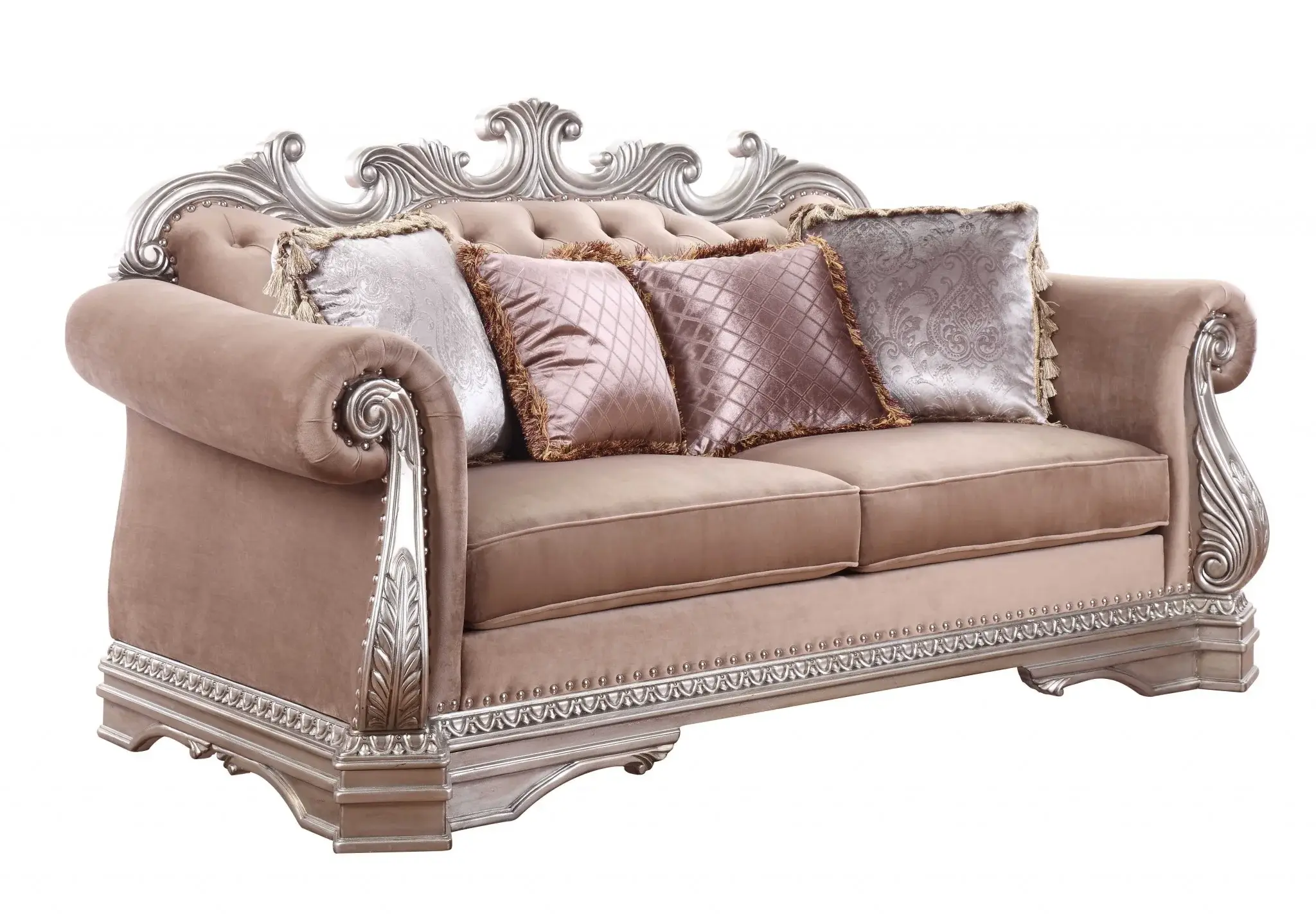 80" Champagne Velour Loveseat and Toss Pillows - Image 3