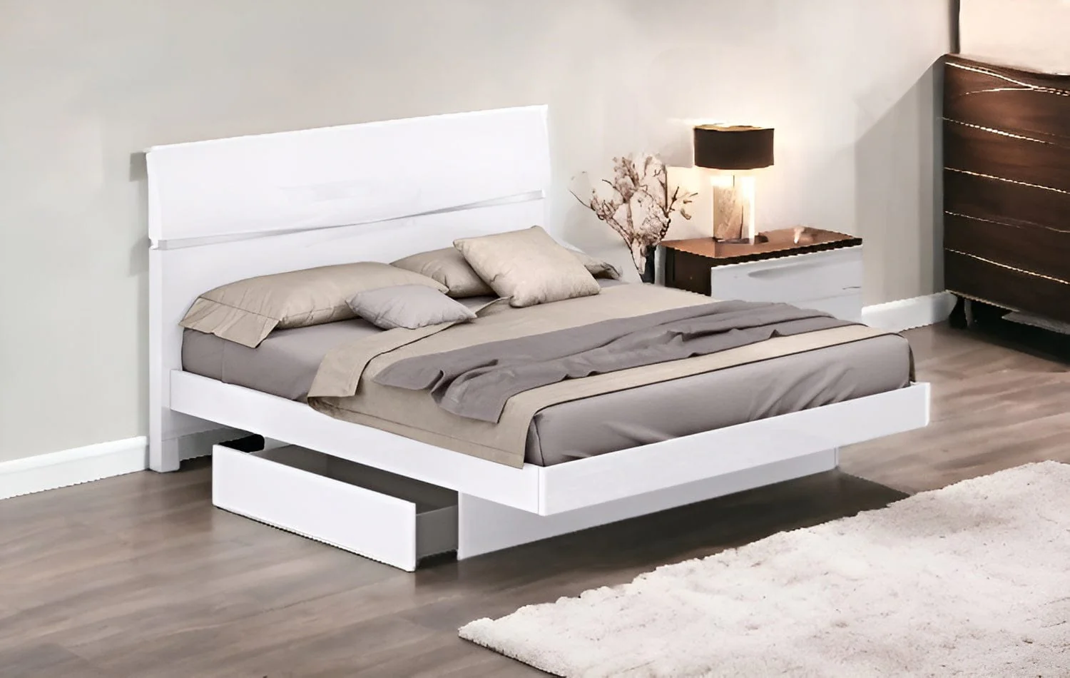 80'" X 60'"  X 42.5'" Modern Queen White High Gloss Bed - Image 2