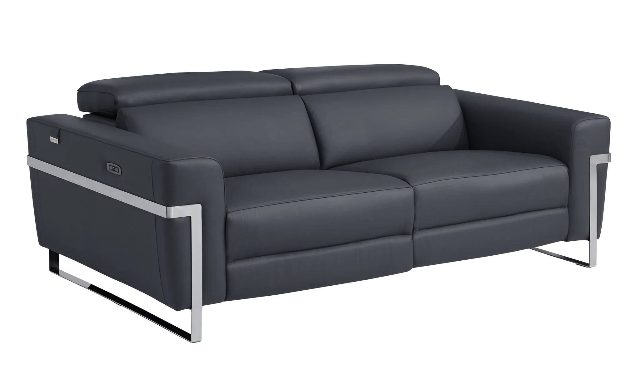 83" Dark Gray Italian Leather USB Reclining Sofa With Silver Legs - Image 3