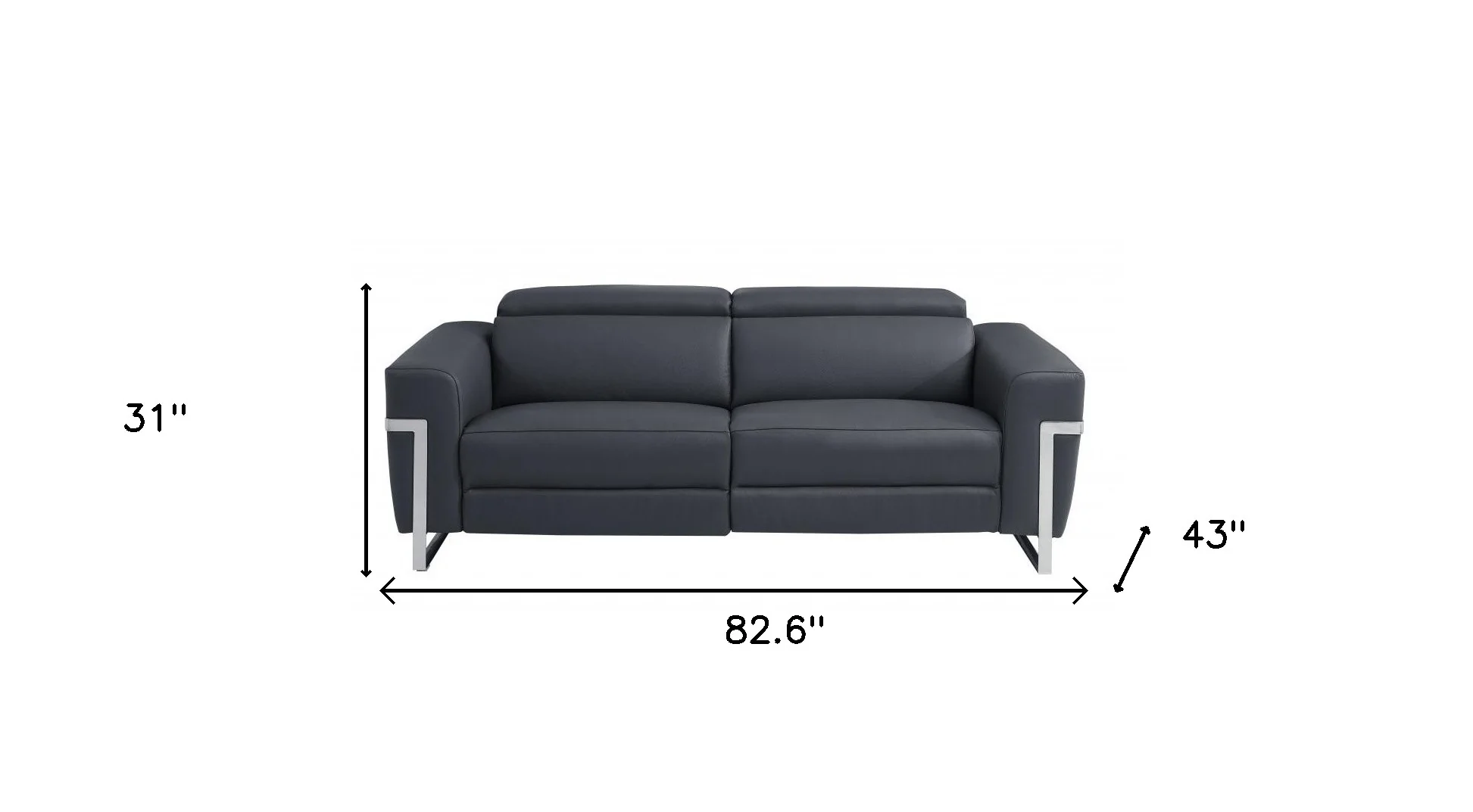 83" Dark Gray Italian Leather USB Reclining Sofa With Silver Legs - Image 9