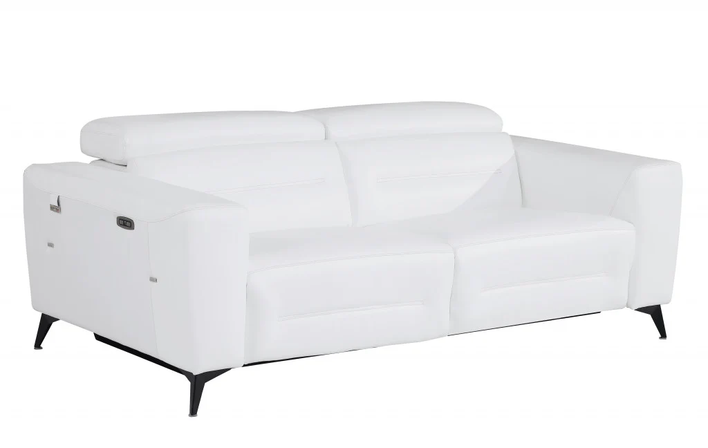83" White Italian Leather USB Reclining Sofa With Black Legs - Image 3
