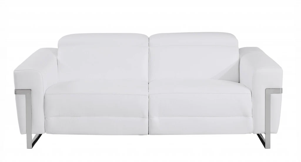 83" White Italian Leather USB Reclining Sofa With Chrome Legs - Image 2