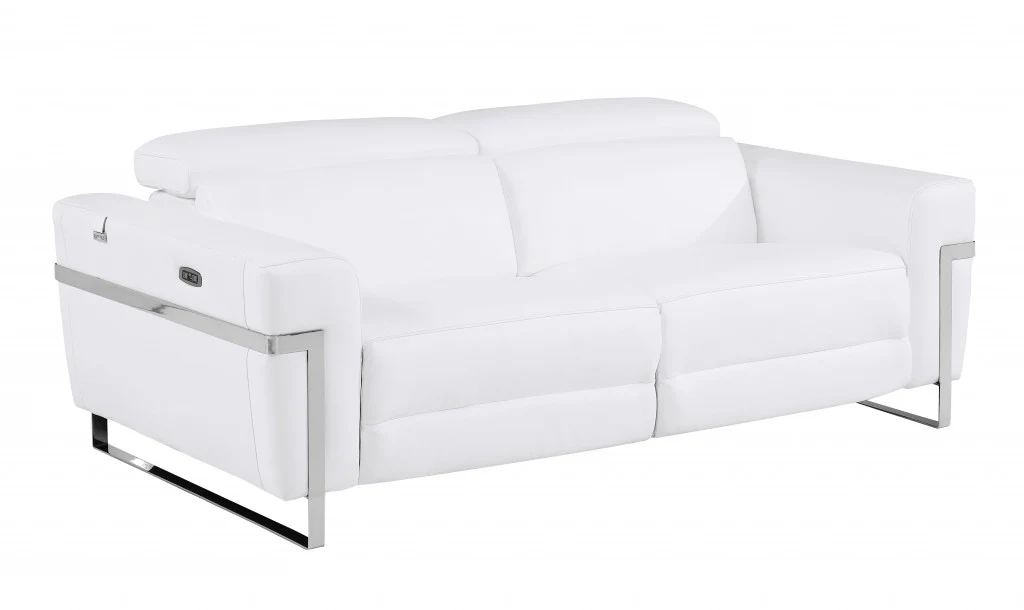 83" White Italian Leather USB Reclining Sofa With Chrome Legs - Image 3