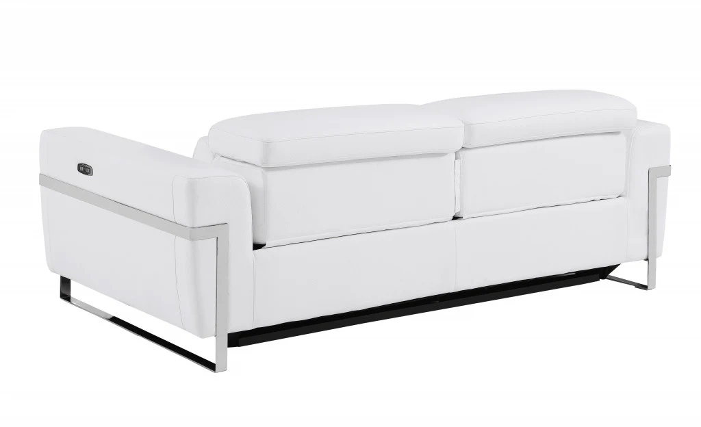83" White Italian Leather USB Reclining Sofa With Chrome Legs - Image 4