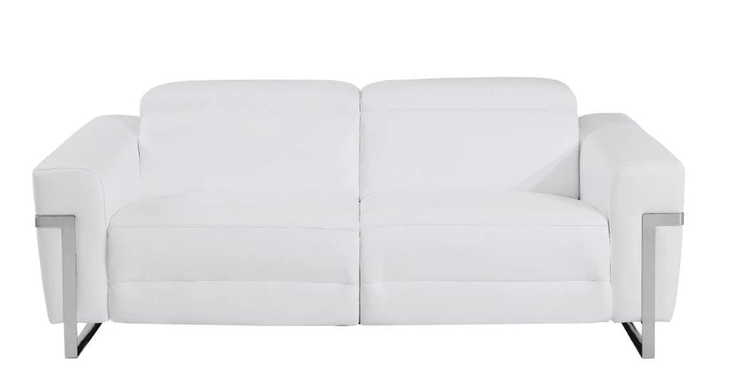 83" White Italian Leather USB Reclining Sofa With Chrome Legs - Image 6