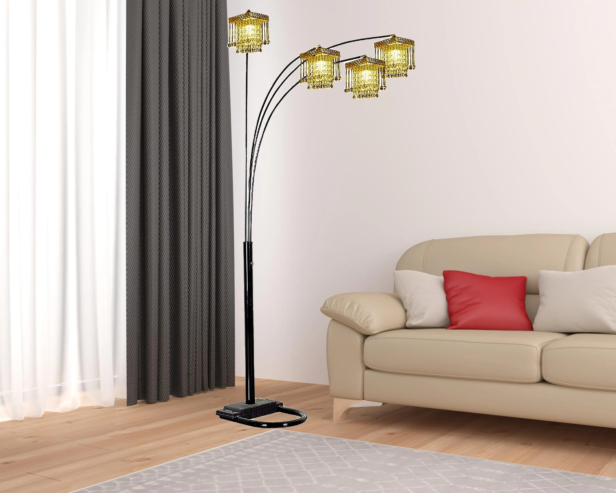 84" Black Four Light Arc Floor Lamp With Clear Crystal Glass Chandelier Shade - Image 3